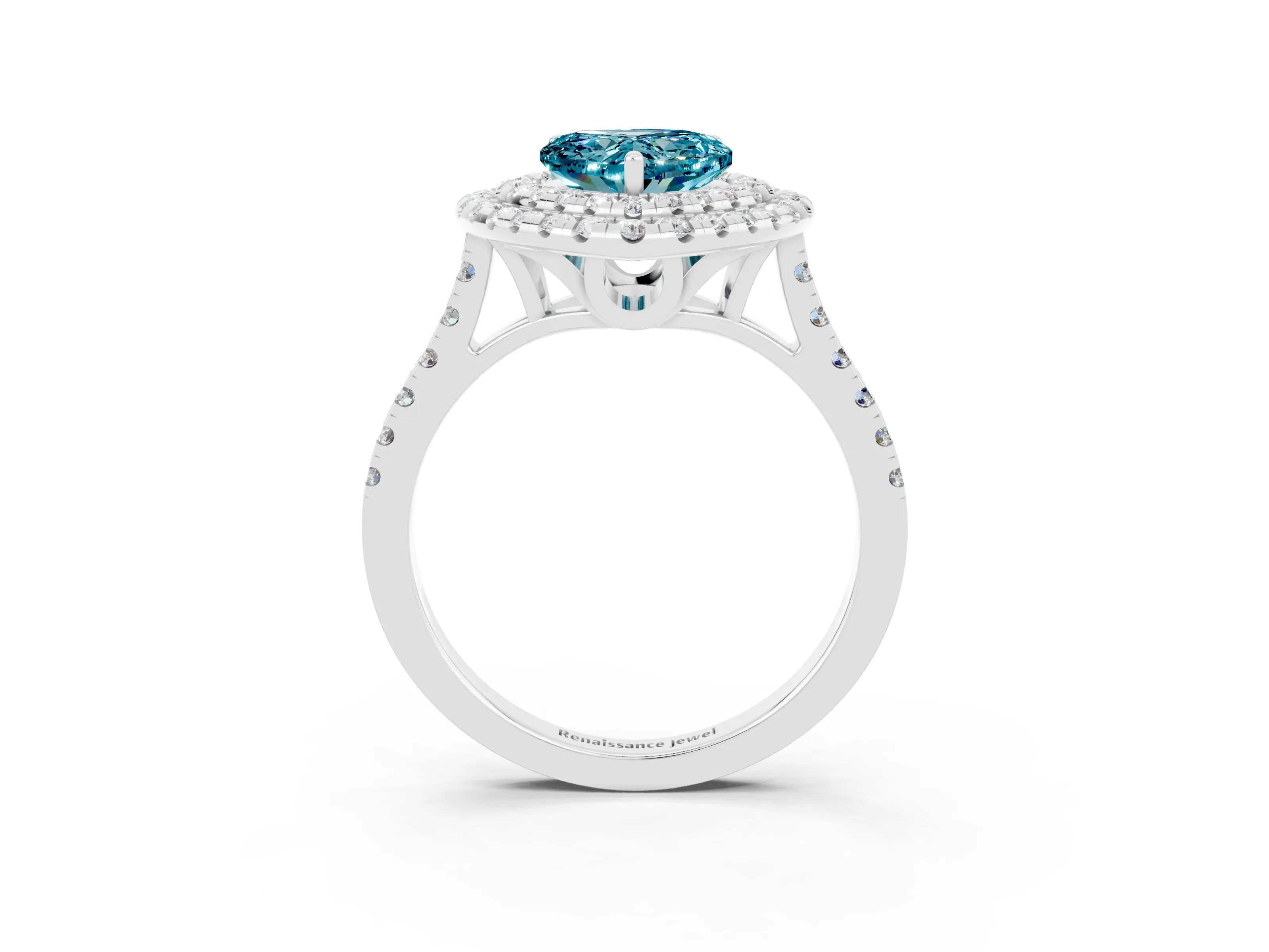White gold Double Halo Heart Cut Blue Topaz Pavé Band with Four-Prong Setting_3