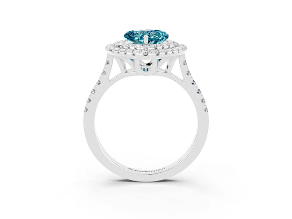 Platinum Double Halo Heart Cut Blue Topaz Pavé Band with Four-Prong Setting