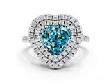 White gold Double Halo Heart Cut Blue Topaz Pavé Band with Four-Prong Setting