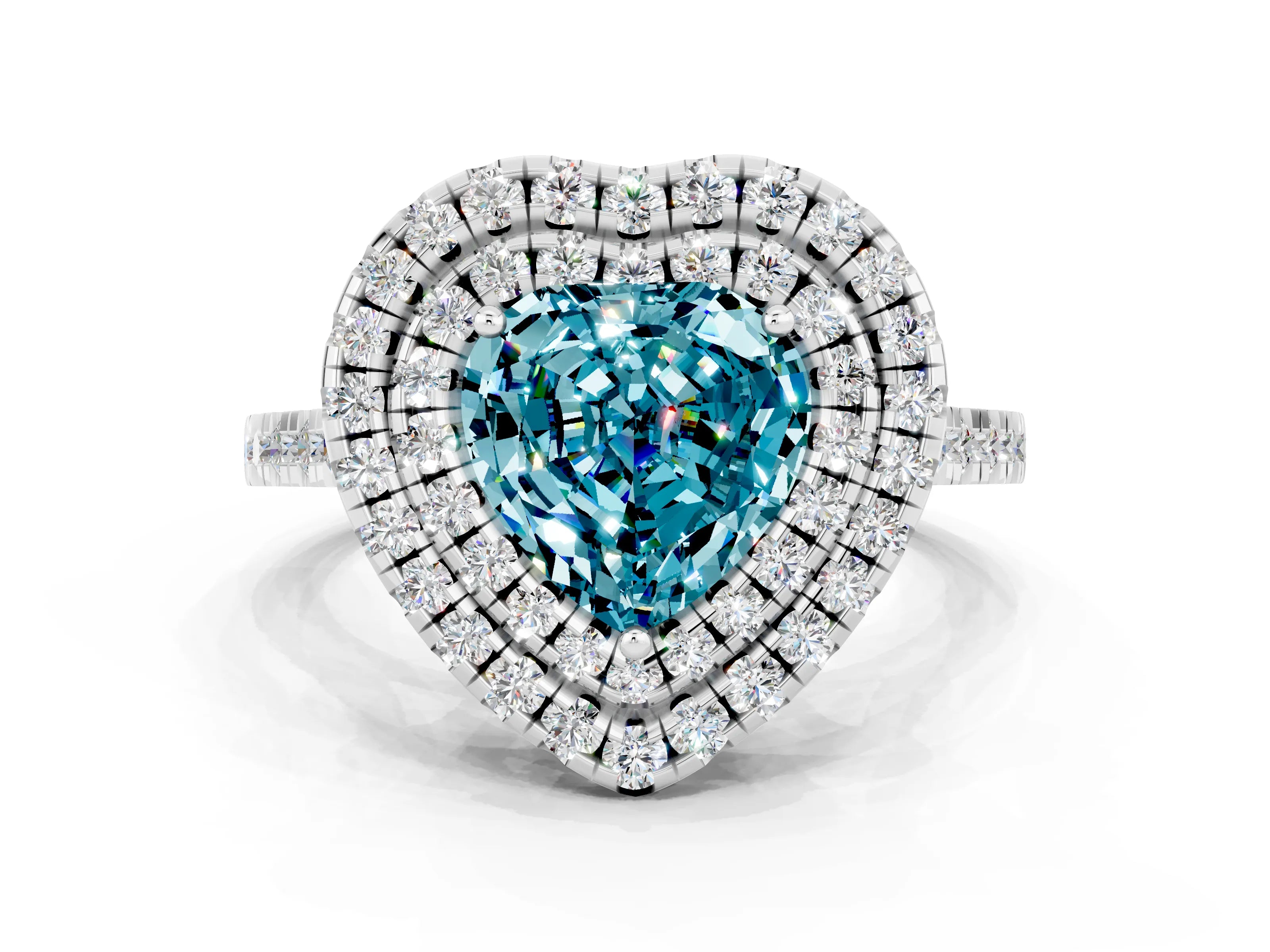 White gold Double Halo Heart Cut Blue Topaz Pavé Band with Four-Prong Setting