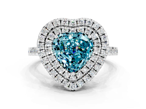 White gold Double Halo Heart Cut Blue Topaz Pavé Band with Four-Prong Setting