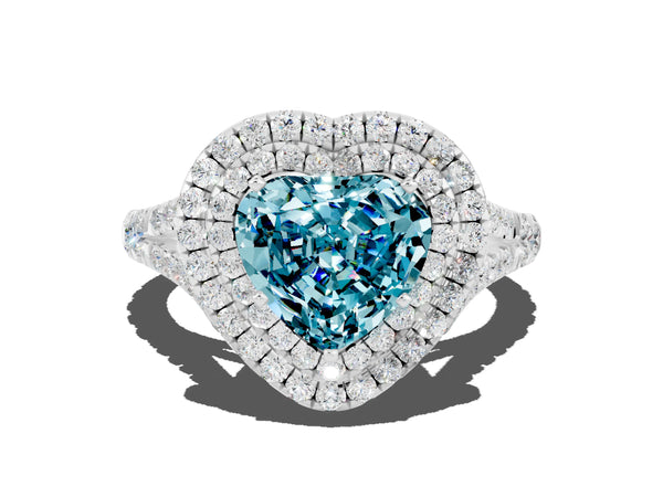 Platinum Double Halo Heart Cut Blue Topaz Pavé Split Shank Ring with Prong Setting
