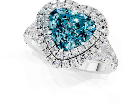 White gold Double Halo Heart Cut Blue Topaz Pavé Split Shank Ring with Prong Setting_1