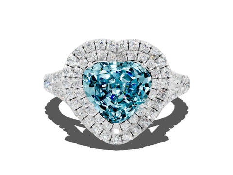 White gold Double Halo Heart Cut Blue Topaz Pavé Split Shank Ring with Prong Setting