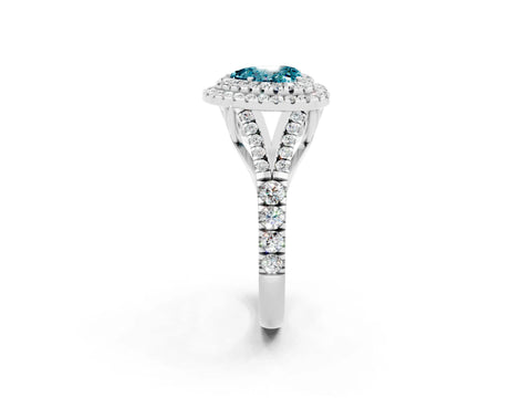 White gold Double Halo Heart Cut Blue Topaz Pavé Split Shank Ring with Prong Setting_2