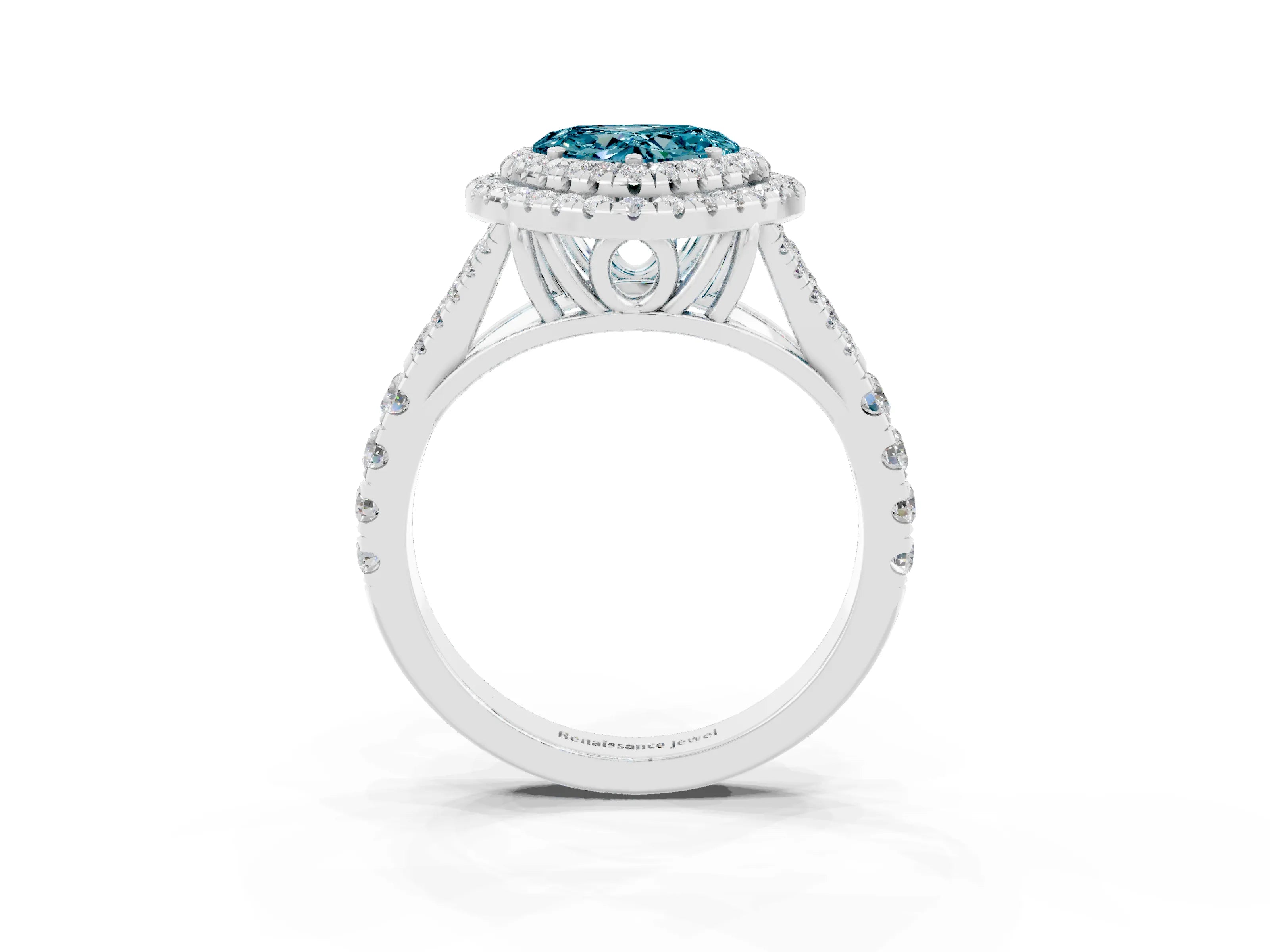 White gold Double Halo Heart Cut Blue Topaz Pavé Split Shank Ring with Prong Setting_3