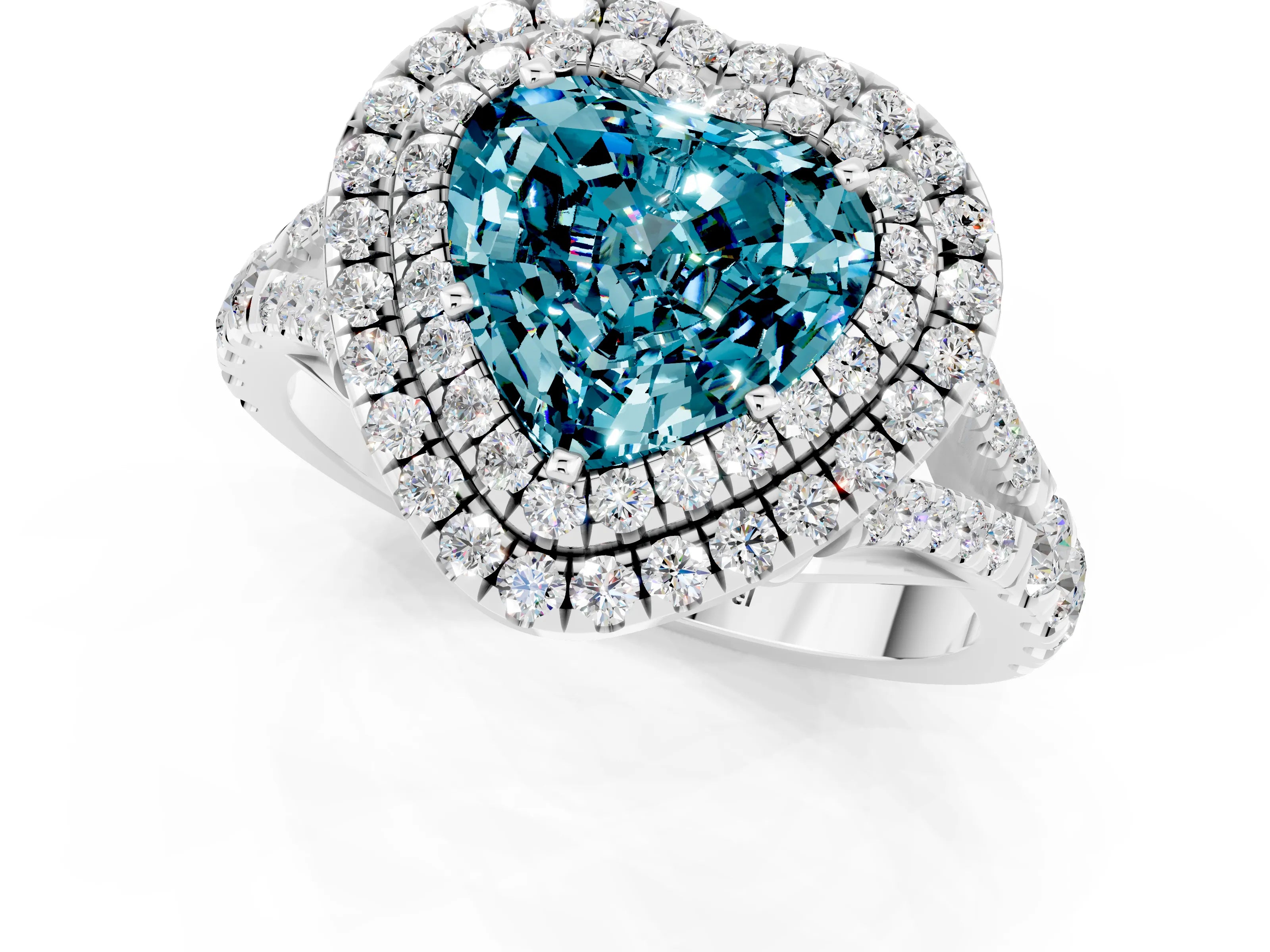 White gold Double Halo Heart Cut Blue Topaz Split Shank Engagement Ring with Four-Prong Setting_1