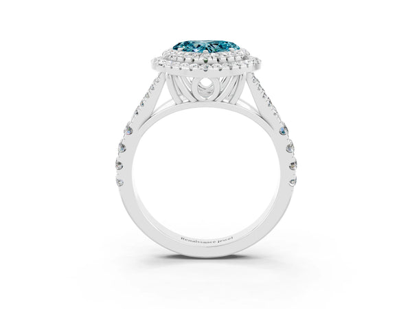 White gold Double Halo Heart Cut Blue Topaz Split Shank Engagement Ring with Four-Prong Setting