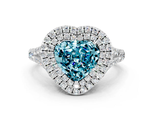 Silver Double Halo Heart Cut Blue Topaz Split Shank Engagement Ring with Four-Prong Setting