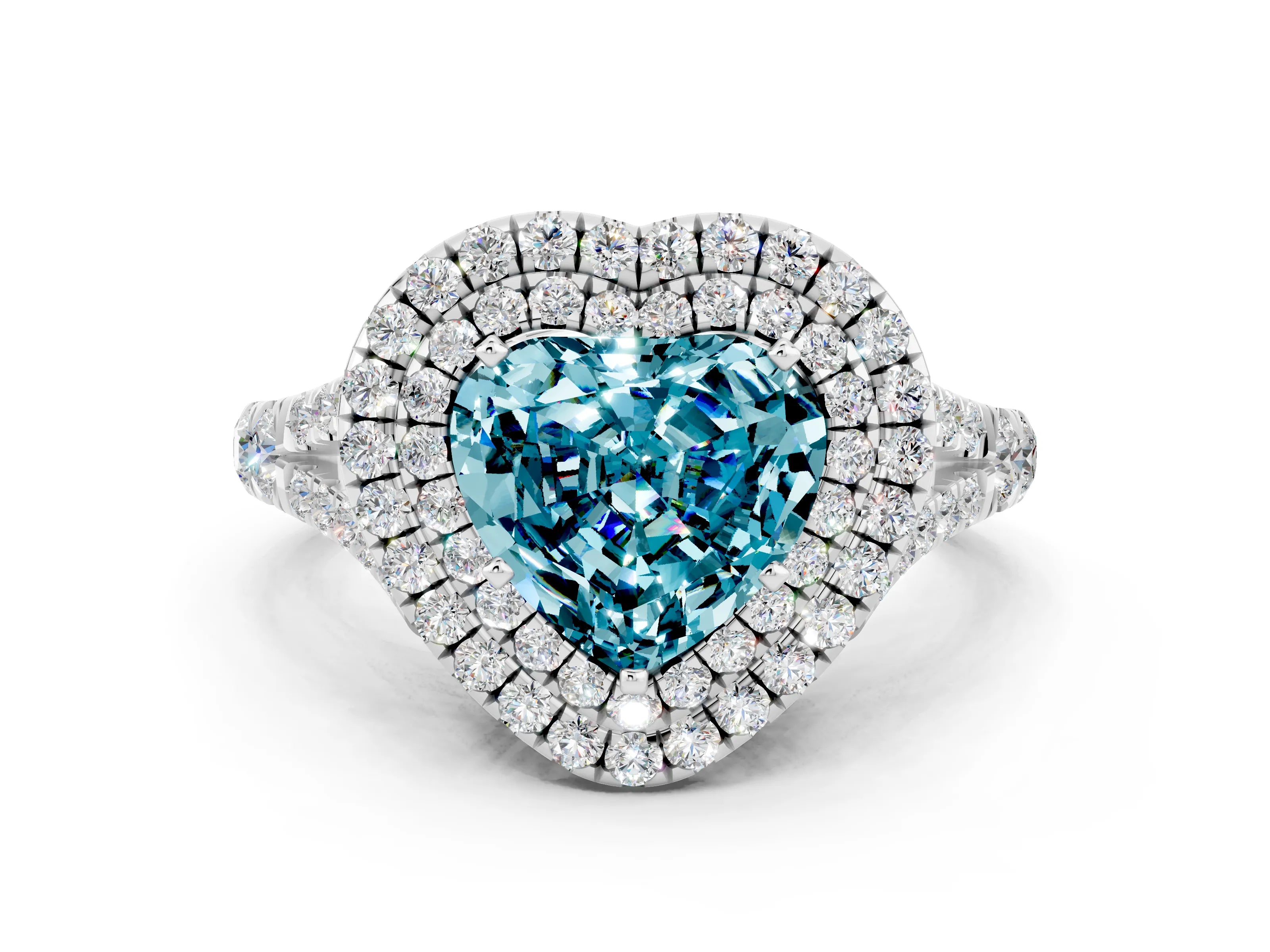 White gold Double Halo Heart Cut Blue Topaz Split Shank Engagement Ring with Four-Prong Setting