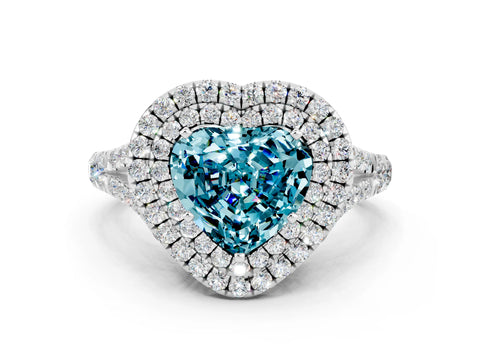 White gold Double Halo Heart Cut Blue Topaz Split Shank Engagement Ring with Four-Prong Setting