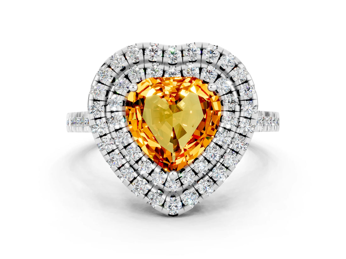 White gold Double Halo Heart Cut Citrine Pavé Band with Four-Prong Setting