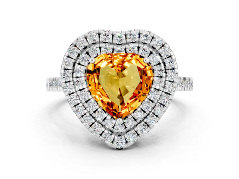 White gold Double Halo Heart Cut Citrine Pavé Band with Four-Prong Setting