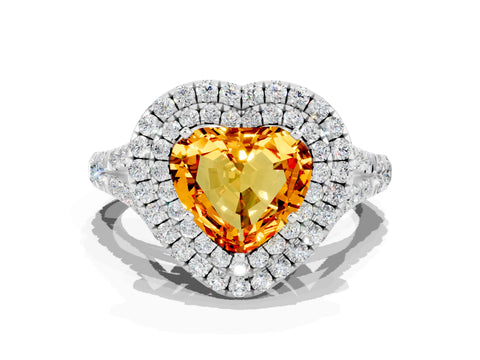 White gold Double Halo Heart Cut Citrine Pavé Split Shank Ring with Prong Setting