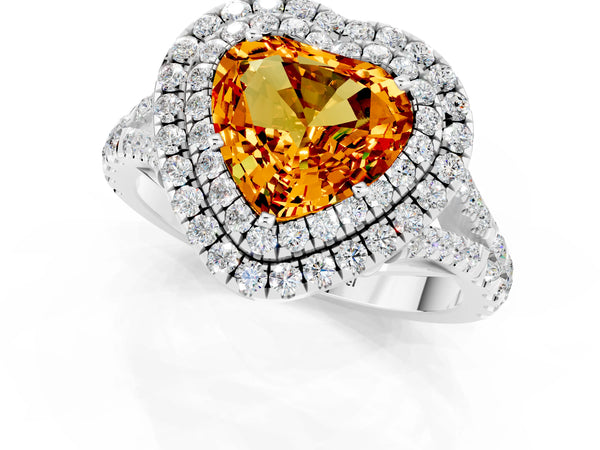 White gold Double Halo Heart Cut Citrine Pavé Split Shank Ring with Prong Setting