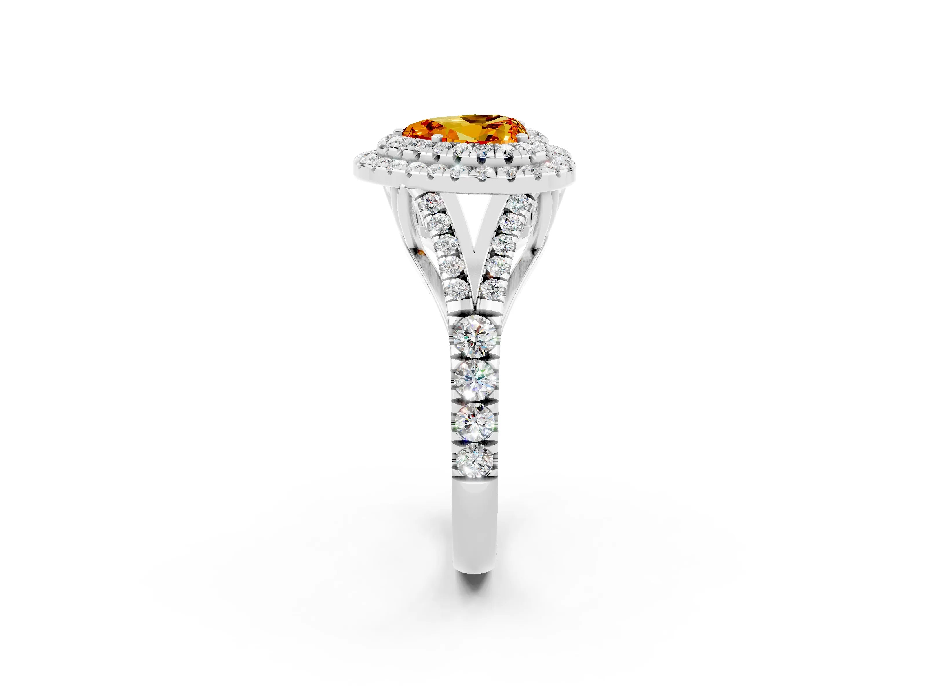 White gold Double Halo Heart Cut Citrine Pavé Split Shank Ring with Prong Setting_2