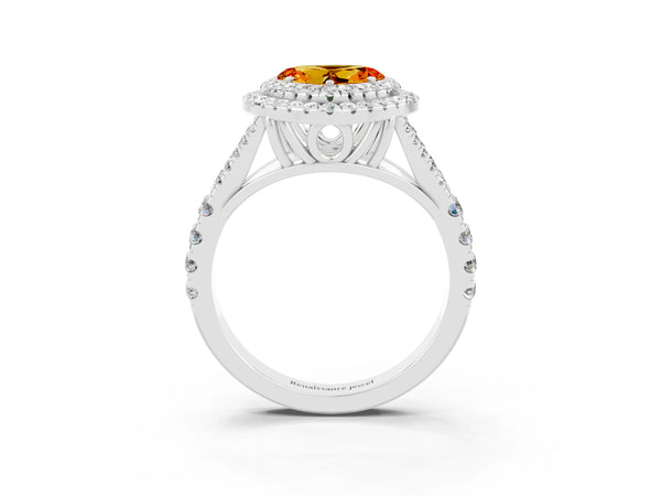 Platinum Double Halo Heart Cut Citrine Pavé Split Shank Ring with Prong Setting