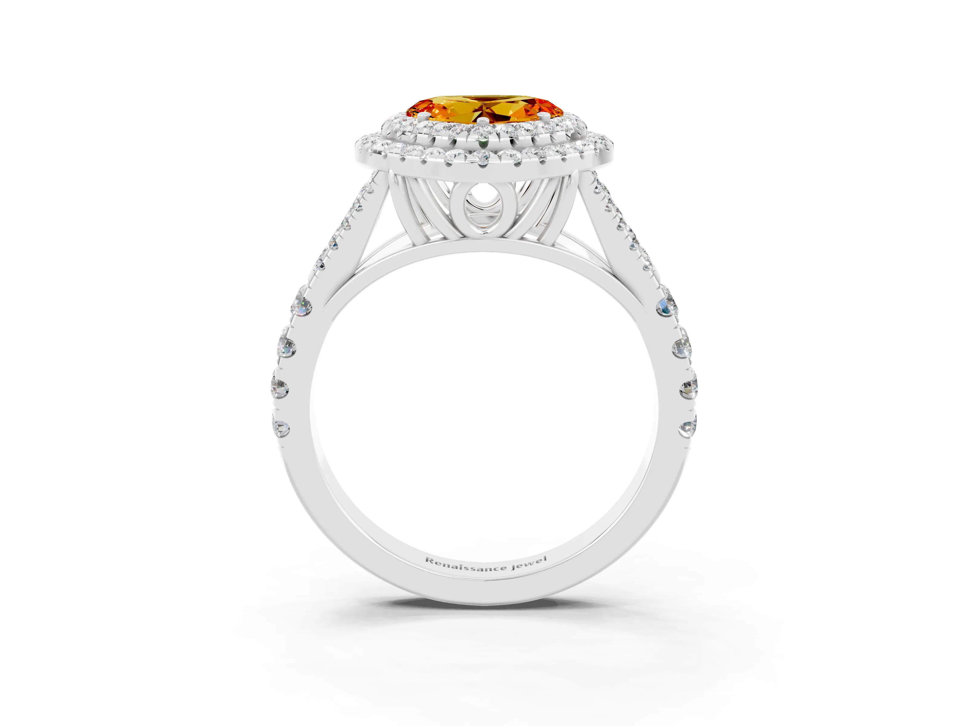 White gold Double Halo Heart Cut Citrine Pavé Split Shank Ring with Prong Setting_3