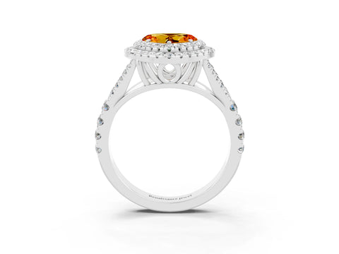 White gold Double Halo Heart Cut Citrine Pavé Split Shank Ring with Prong Setting_3