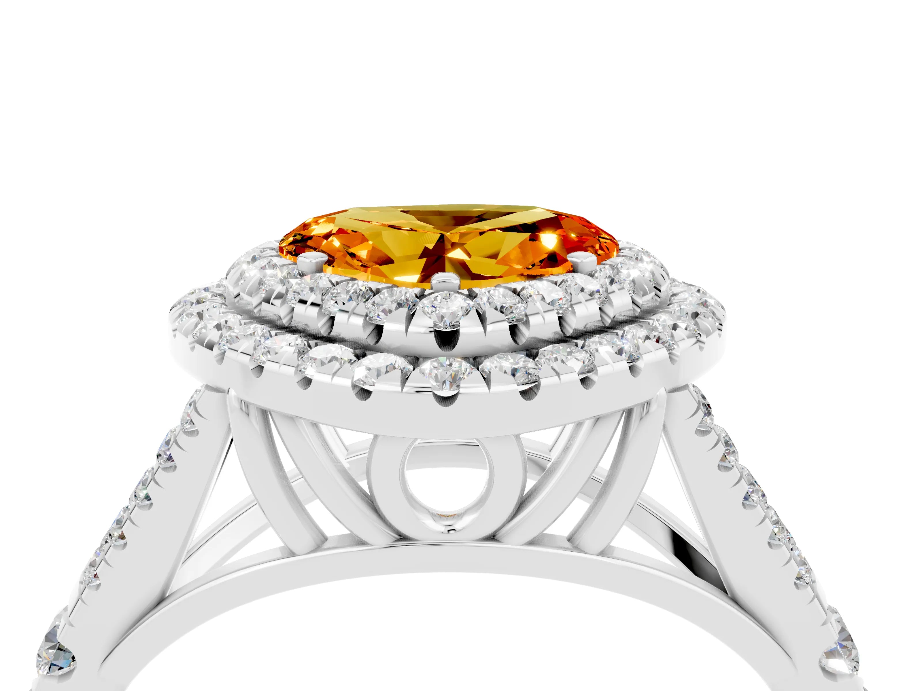 White gold Double Halo Heart Cut Citrine Pavé Split Shank Ring with Prong Setting_4