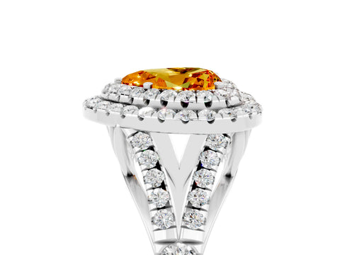White gold Double Halo Heart Cut Citrine Pavé Split Shank Ring with Prong Setting_5