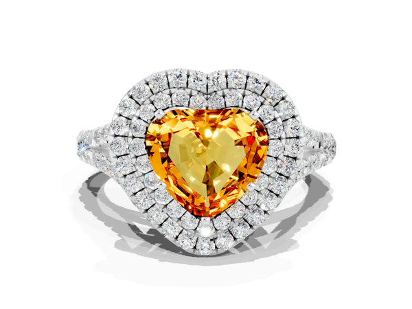 White gold Double Halo Heart Cut Citrine Pavé Split Shank Ring with Prong Setting