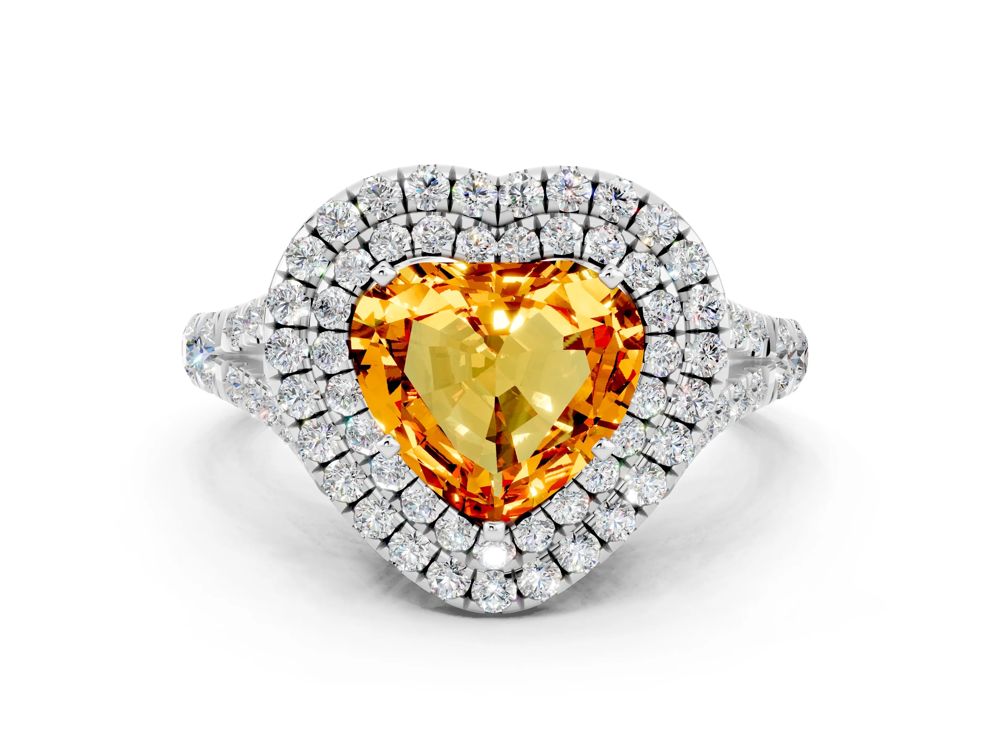 White gold Double Halo Heart Cut Citrine Split Shank Engagement Ring with Four-Prong Setting