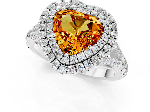 White gold Double Halo Heart Cut Citrine Split Shank Engagement Ring with Four-Prong Setting_1