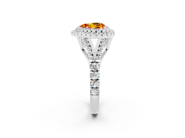 Silver Double Halo Heart Cut Citrine Split Shank Engagement Ring with Four-Prong Setting