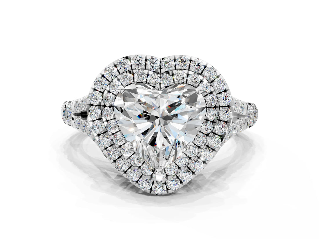 White gold Double Halo Heart Cut Diamond Split Shank Engagement Ring with Four-Prong Setting_3