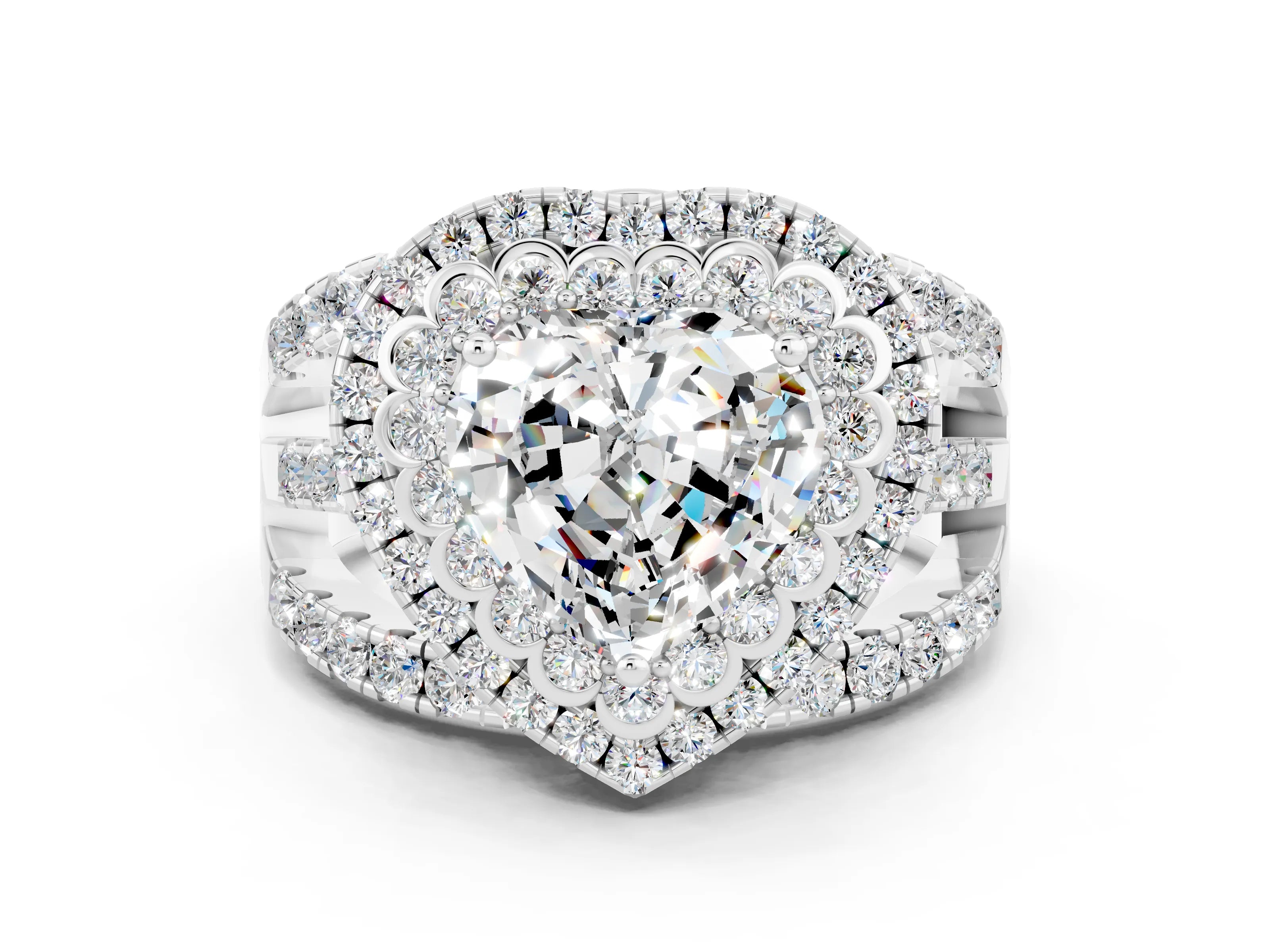 White gold Double Halo Heart Cut Diamond Split Shank Pave Set Ring