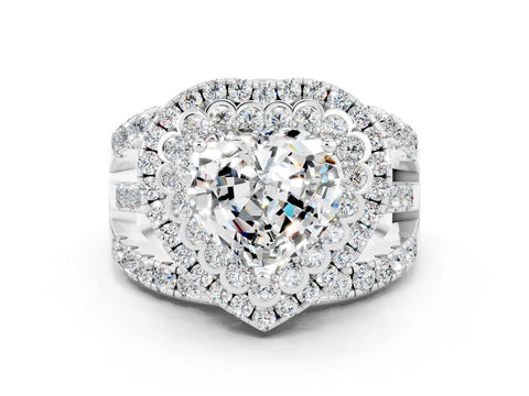 White gold Double Halo Heart Cut Diamond Split Shank Pave Set Ring