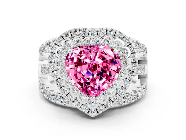 Silver Double Halo Heart Cut Diamond Split Shank Pave Set Ring