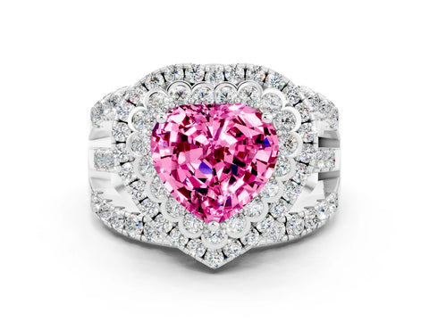 White gold Double Halo Heart Cut Diamond Split Shank Pave Set Ring