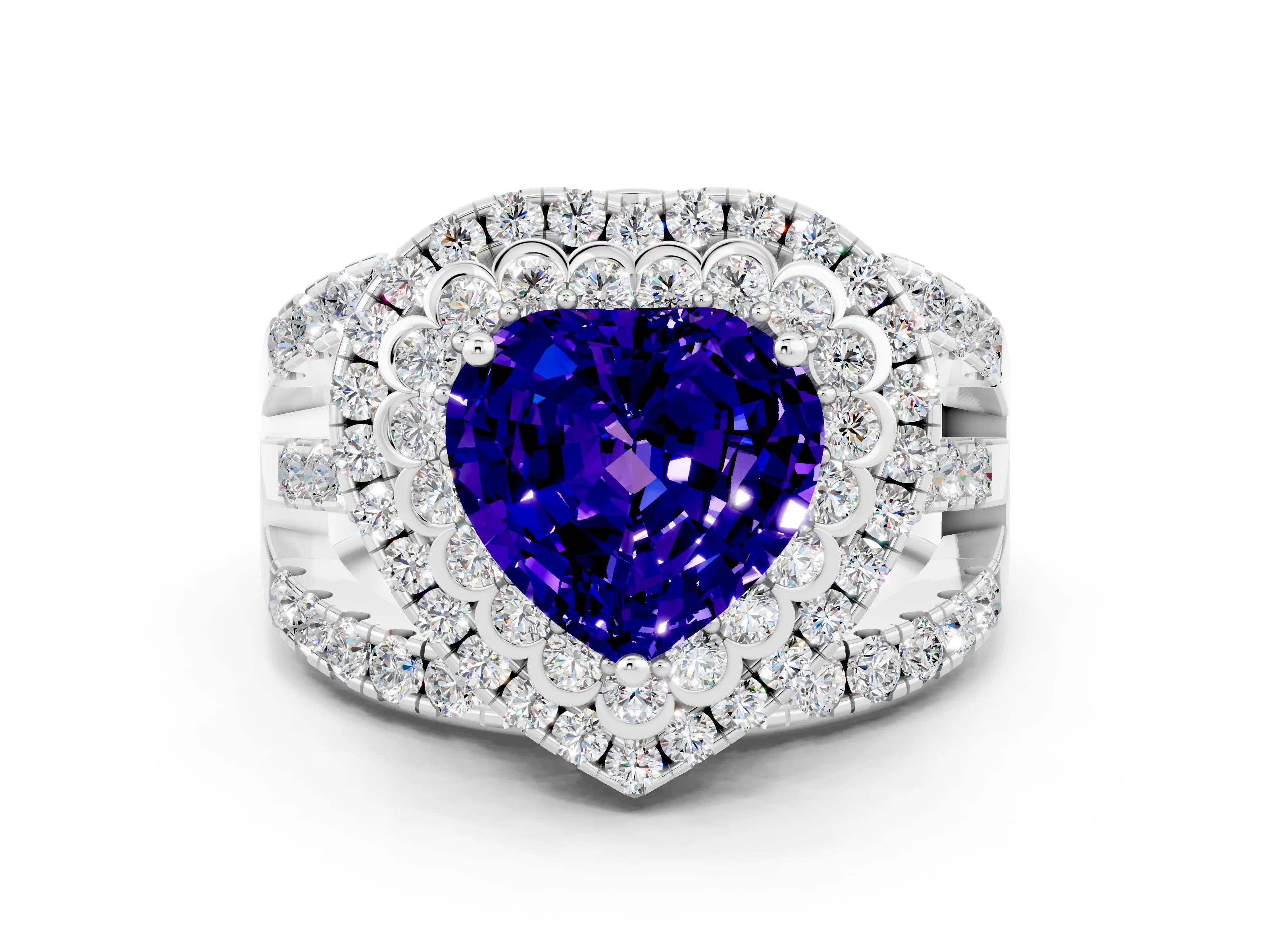 White gold Double Halo Heart Cut Diamond Split Shank Pave Set Ring