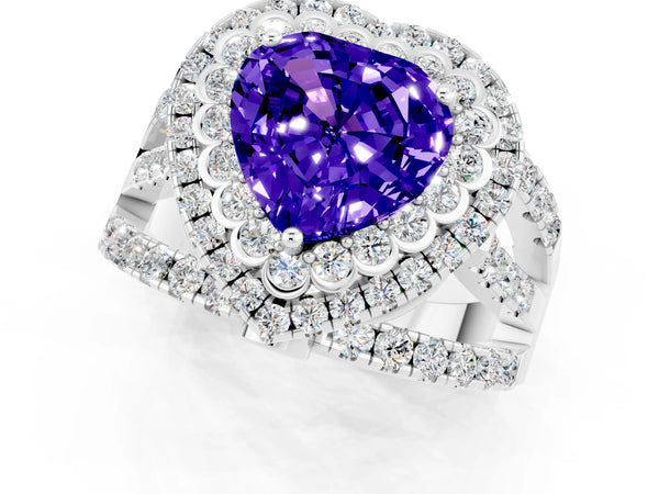 Silver Heart Cut Tanzanite Double Halo Ring with Round Pavé Split Shank and Prong Setting