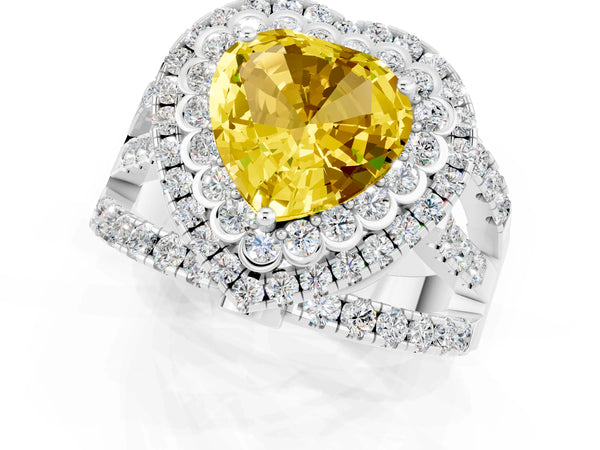 Platinum Heart Cut Yellow Sapphire Double Halo Ring with Round Pavé Split Shank and Prong Setting