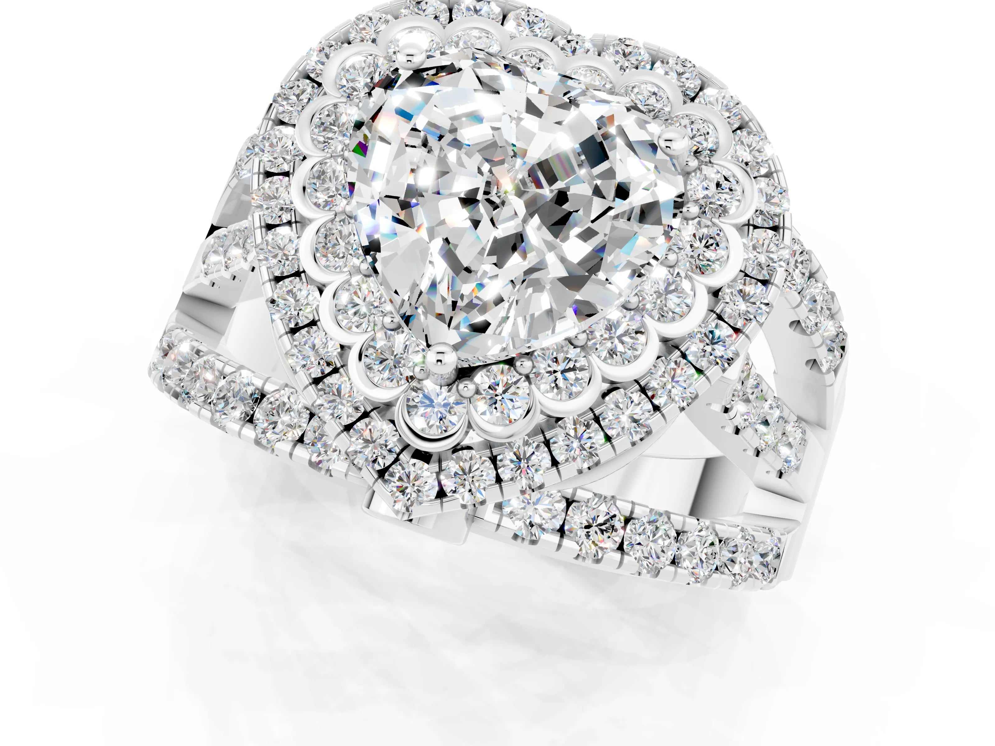 White gold Double Halo Heart Cut Diamond Split Shank Pave Set Ring_1