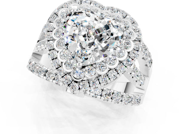 White gold Heart Cut Moissanite Double Halo Ring with Round Pavé Split Shank and Prong Setting