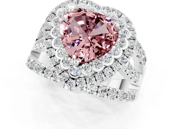 White gold Double Halo Heart Cut Diamond Split Shank Pave Set Ring