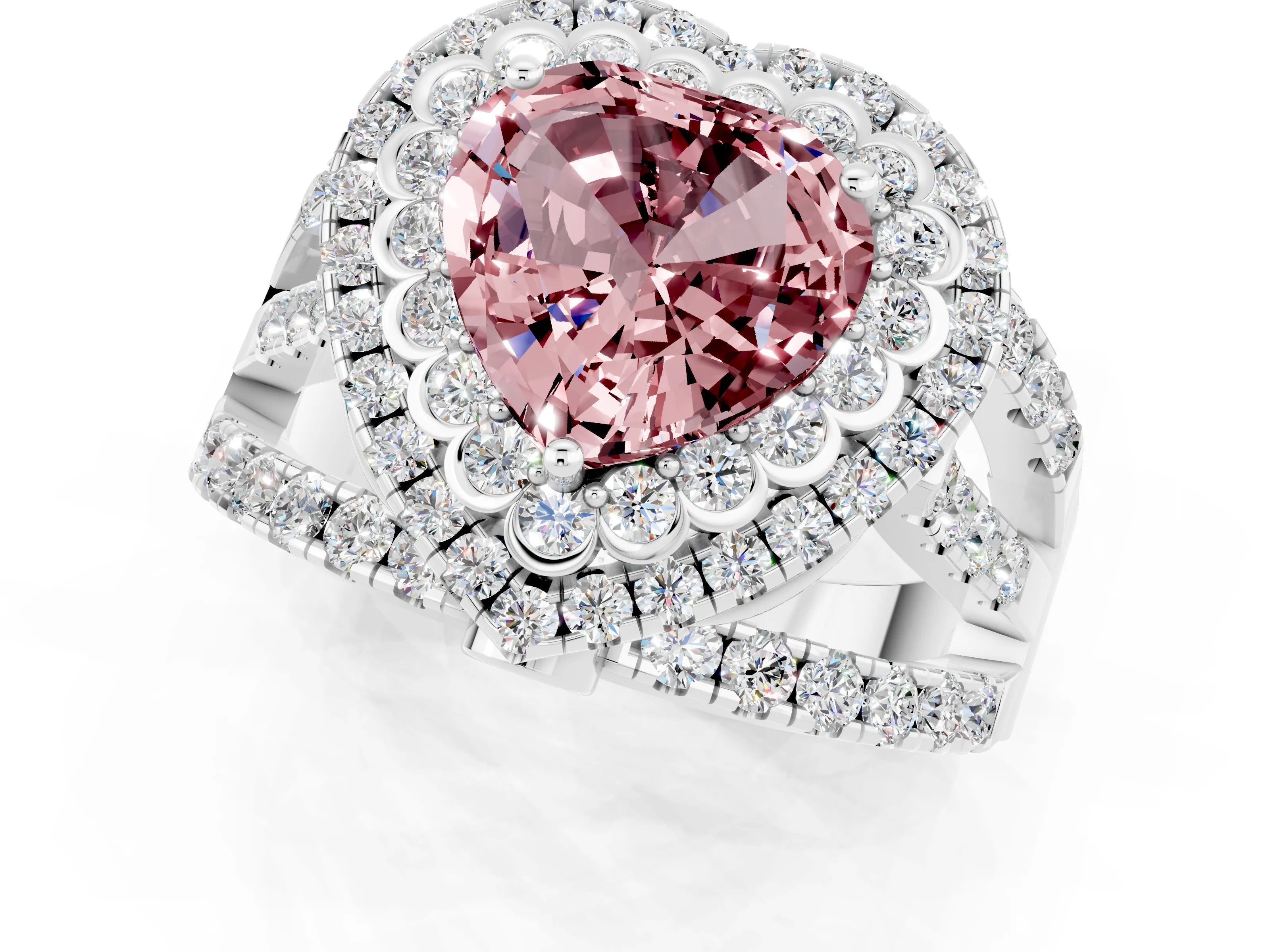 White gold Double Halo Heart Cut Diamond Split Shank Pave Set Ring_1