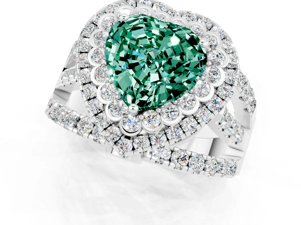 Platinum Heart Cut Green Sapphire Double Halo Ring with Round Pavé Split Shank and Prong Setting