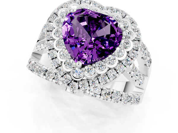 White gold Heart Cut Amethyst Double Halo Ring with Round Pavé Split Shank and Prong Setting