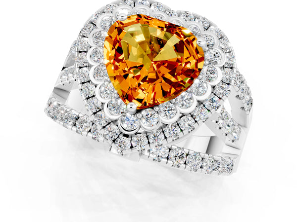 White gold Heart Cut Citrine Double Halo Ring with Round Pavé Split Shank and Prong Setting