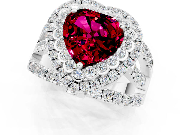 Silver Heart Cut Garnet Double Halo Ring with Round Pavé Split Shank and Prong Setting
