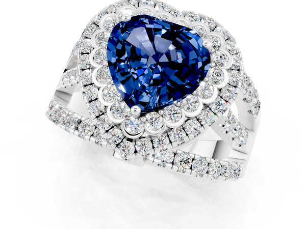Silver Double Halo Heart Cut Diamond Split Shank Pave Set Ring