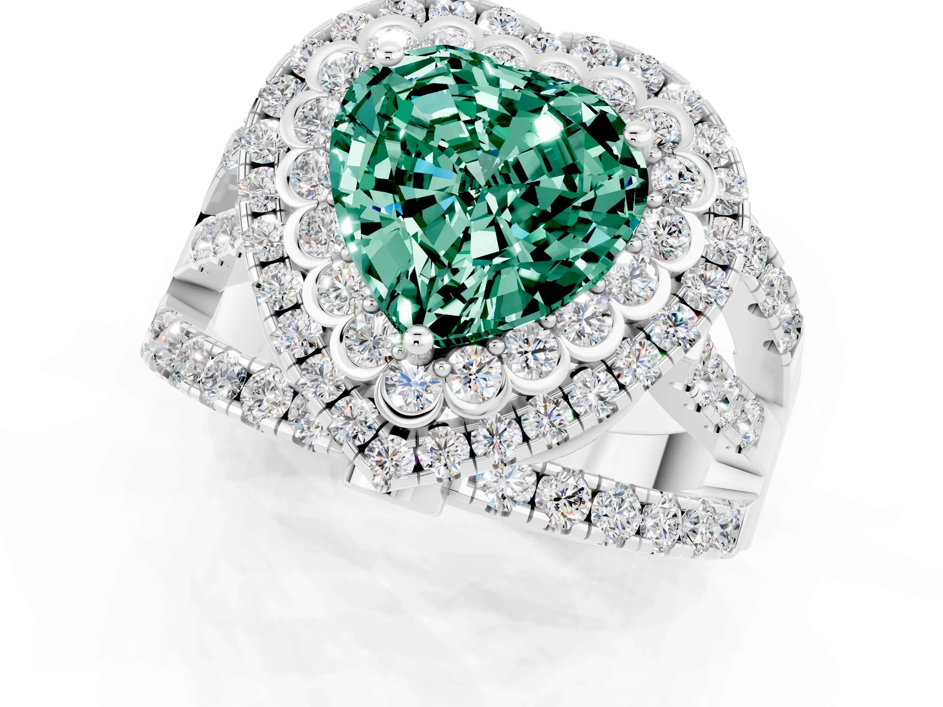 White gold Double Halo Heart Cut Diamond Split Shank Pave Set Ring_1