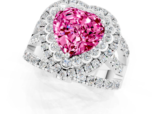 Silver Double Halo Heart Cut Diamond Split Shank Pave Set Ring
