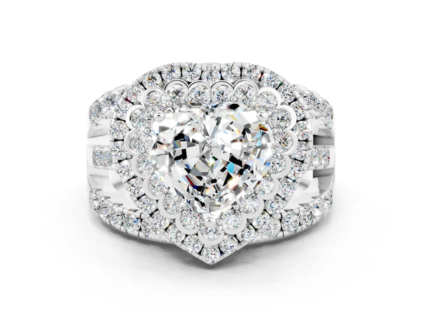 White gold Heart Cut Moissanite Double Halo Ring with Round Pavé Split Shank and Prong Setting