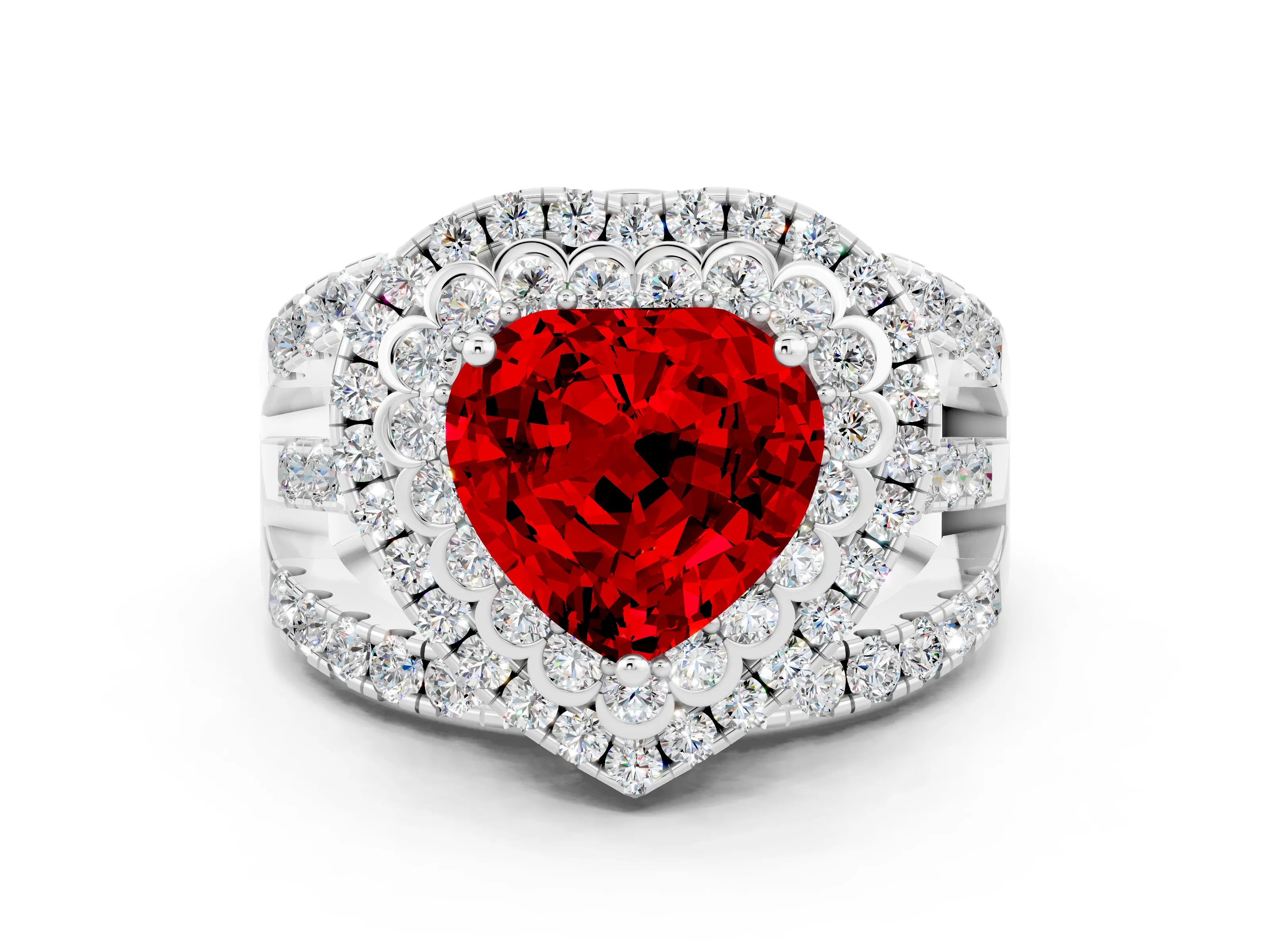 White gold Double Halo Heart Cut Diamond Split Shank Pave Set Ring